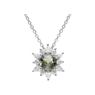 Collier argent rhodié fleur oxyde vert et contour oxydes blancs 42+3cm