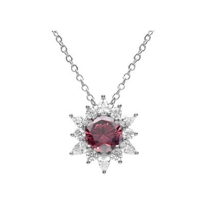 Collier argent rhodié fleur oxyde rose et contour oxydes blancs 42+3cm