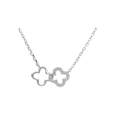 Collier argent rhodié pendentif double fleur oyydes blancs sertis 40+4cm