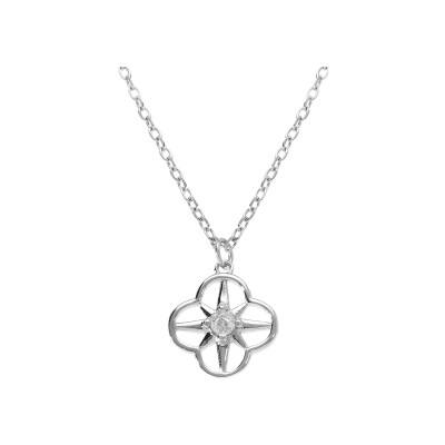 Collier argent rhodié pendentif fleur oyyde blanc serti 40+4cm