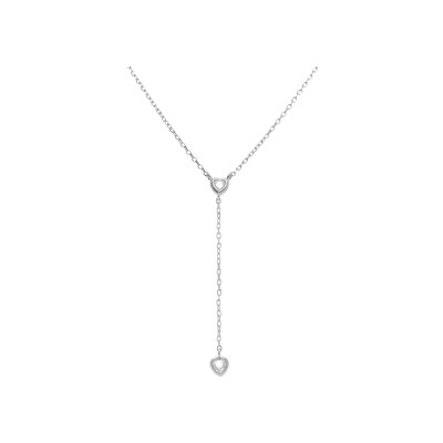 Collier argent rhodié forme cravate avec coeurs oxydes blancs 38+5cm
