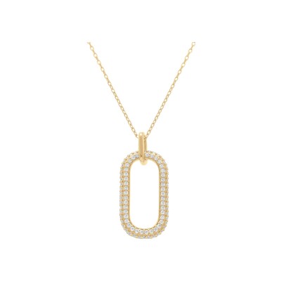 Collier argent doré pendant rectangulaire pavé oxydes blancs 38+5cm