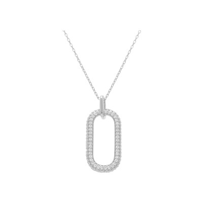 Collier argent rhodié pendant rectangulaire pavé oxydes blancs 38+5cm
