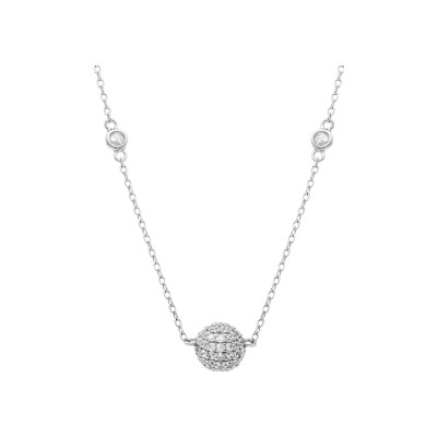 Collier argent rhodié boule avec oxydes blancs 38+5cm