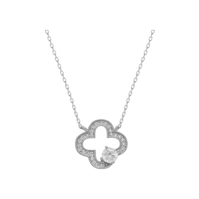 Collier argent rhodié trèfle contour oxydes blancs 38+5cm