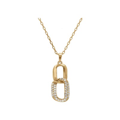 Collier argent doré pendant 2 éléments entremêlé 1 lisse et 1 contour oxydes blancs