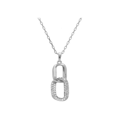 Collier argent rhodié pendant 2 éléments entremêlé 1 lisse et 1 contour oxydes blancs