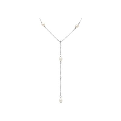 Collier argent rhodié forme cravate avec perles de culture d'eau douce blanche 38+5cm