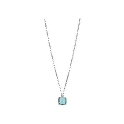 Collier argent rhodié pendentif carré pierre synthétique bleue ciel avec entourage 43+3cm