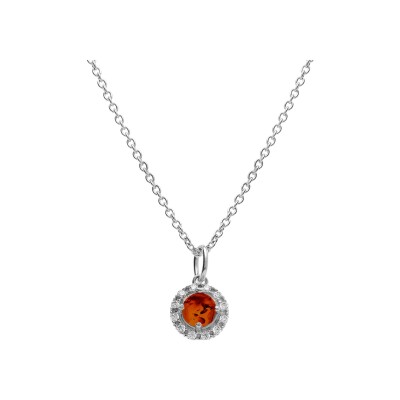 Collier argent rhodié pendentif ambre véritable contour oxydes blancs 42+3cm