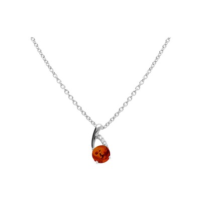 Collier argent rhodié pendentif ambre véritable et oxydes blancs 42+3cm