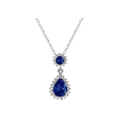 Collier argent rhodié pendentif goutte oxydes bleu et contour oxydes blancs sertis 42+3cm