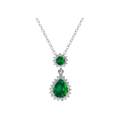 Collier argent rhodié pendentif goutte oxydes vert et contour oxydes blancs sertis 42+3cm