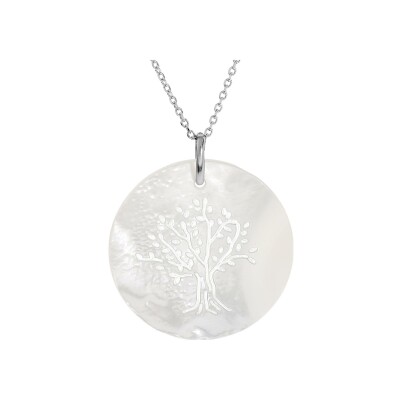 Collier argent rhodié cercle nacre blanche arbre de vie 41,5+3cm