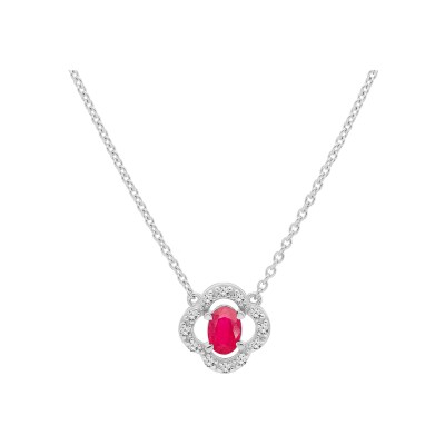 Collier argent rhodié forme fleur rubis véritable et topazes blanches 42+3cm