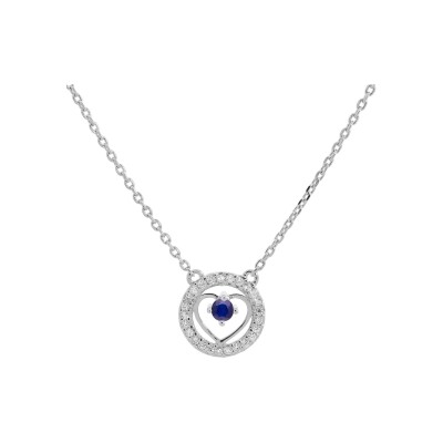 Collier argent rhodié coeur saphir véritable et contour topazes blanches 42+3cm