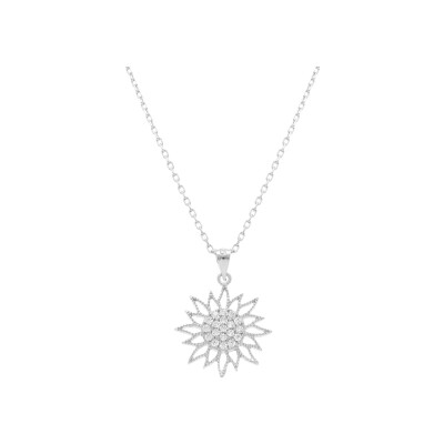 Collier argent rhodié pendentif soleil 15mm oxydes blancs 40+5cm