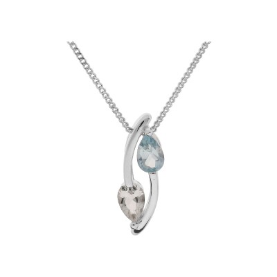 Collier argent rhodié pendentif 2 pierres topaze bleu et blanc 42+3cm