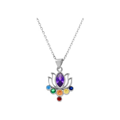 Collier argent rhodié pendentif chakra fleur 7 oxydes 40+5cm