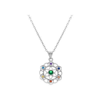 Collier argent rhodié pendentif chakra 15mm 7 oxydes 40+5cm