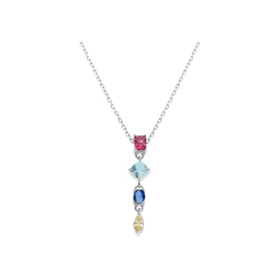 Collier argent rhodié pendant 4 oxydes multi couleurs 40+3cm
