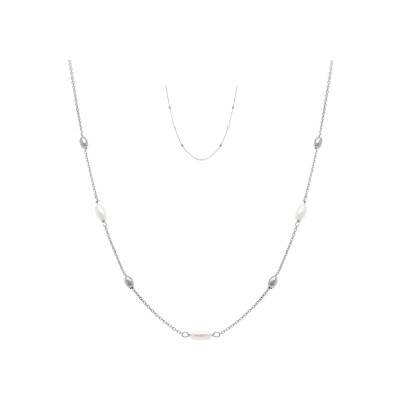 Collier argent rhodié perle blanche imitation et olives 38+5cm