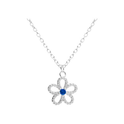 Collier argent rhodié pendentif fleur ajourée oxyde bleu 39+4cm