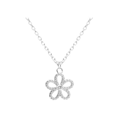 Collier argent rhodié pendentif fleur ajourée oxyde blanc 39+4cm