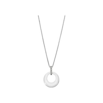 Collier argent rhodié pendentif cercle céramique blanche barette oxydes sertis 42+3cm