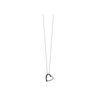 Collier argent rhodié forme coeur évidée moitie oxydes blancs sertis et pierres noires synthétique rhodium noir 40+4cm