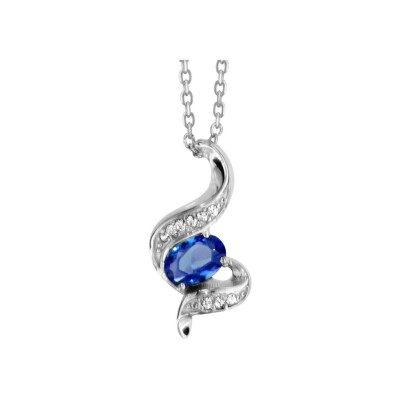 Collier argent rhodié pendentif pierre bleu synthétique et oxydes blancs sertis 40+4cm