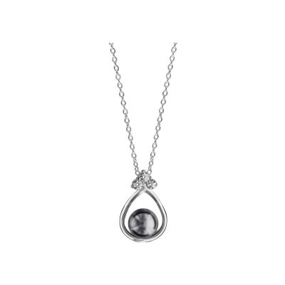 Collier argent rhodié forme goutte avec perle synthétique grise 40+4cm