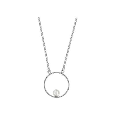 Collier argent rhodié chaîne forçat avec cercle perle blanche d'eau douce 42+3cm