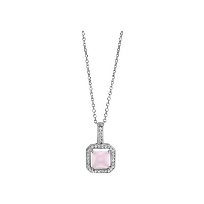 Collier argent rhodié forme carré pierre rose synthétique 40+4cm