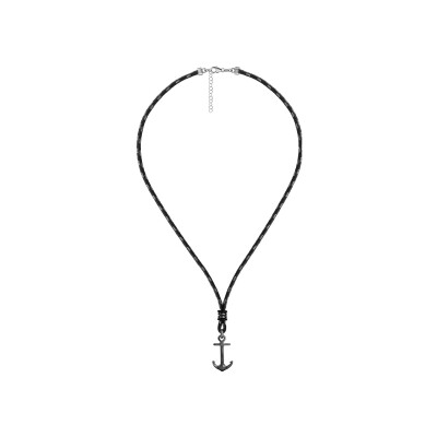 Collier argent rhodié corde noire et grise ancre marine rhutenium noir 45+5cm