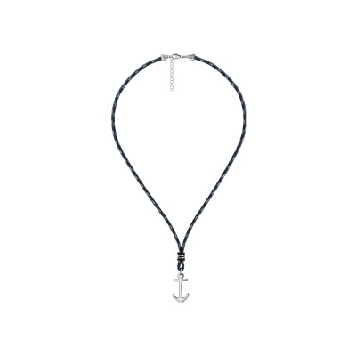 Collier argent rhodié corde bleue et blanches ancre marine 45+5cm