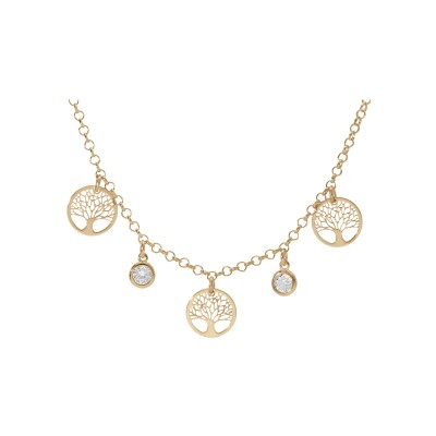 Collier argent et dorure jaune 3 pampilles rondelles arbre de vie et 2 oxydes blancs sertis clos 40 + 5 cm
