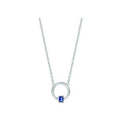 Collier argent rhodié cercle oxyde rectangle bleu 38+4cm