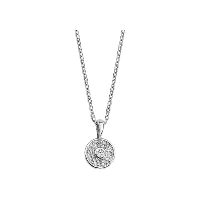 Collier argent rhodié pendentif rond oxydes blancs sertis 42+3cm
