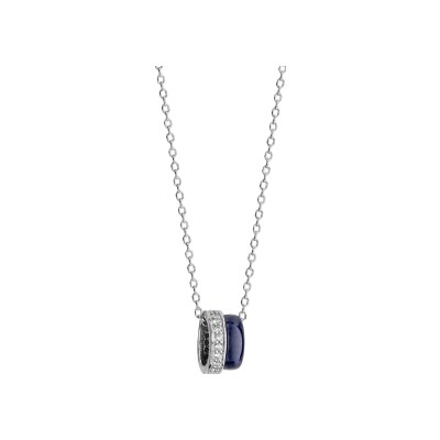 Collier argent rhodié double anneau 1 céramique bleu marine 1 oxydes blancs sertis 40+5cm