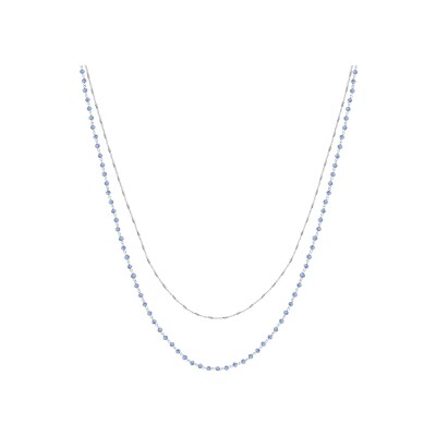 Collier argent rhodié double chaîne perles synthétique bleues 42+3cm