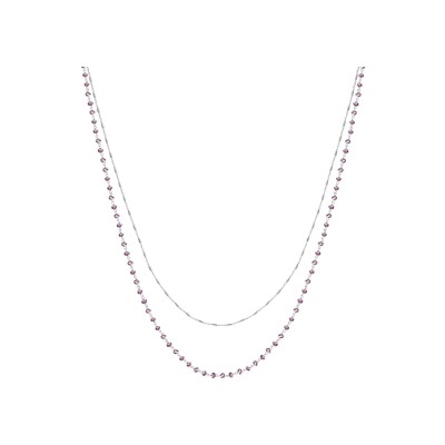 Collier argent rhodié double chaîne perles synthétique violettes 42+3cm