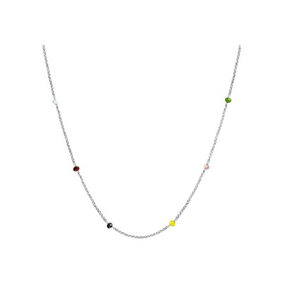 Collier argent rhodié boules perles de verre facetees multicolores 70+10cm