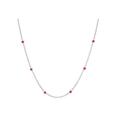 Collier argent rhodié boules perles de verre facetees rouges 70+10cm