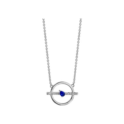 Collier argent rhodié cercle et barette oxydes blancs sertis et 1 navette bleu fonce 42+3cm