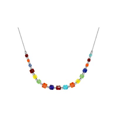 Collier argent rhodié cubes en verre en chute multicolores 42+5cm