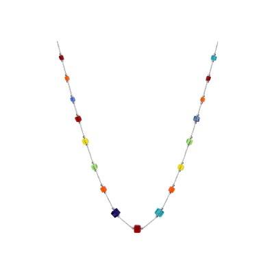 Collier argent rhodié cubes en verre multicolores 45+5cm