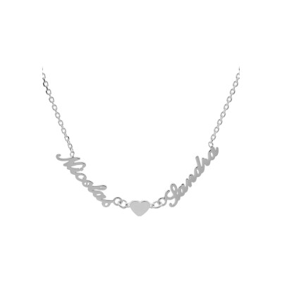 Collier argent forçat decoupe anglaise 2 prénoms + coeur 43cm réglable 40
