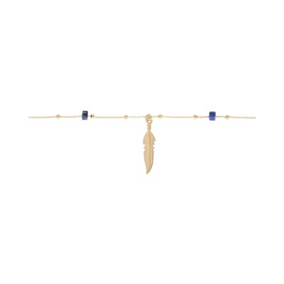 Chaîne cheville argent et dorure jaune plume rondelles lapis lazuli véritable 22+3cm