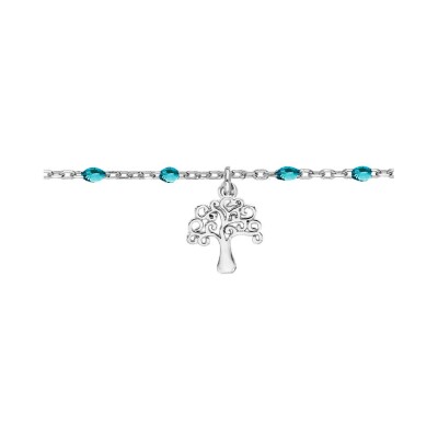 Chaîne cheville argent rhodié olives résine bleu tranparent et arbre de vie 23+3cm